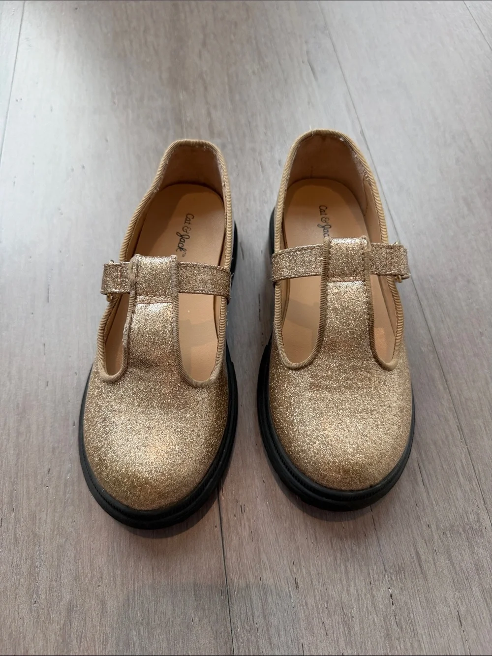 Cat & Jack Kids' Gold Glitter T-Strap Dress Shoes- 11Y